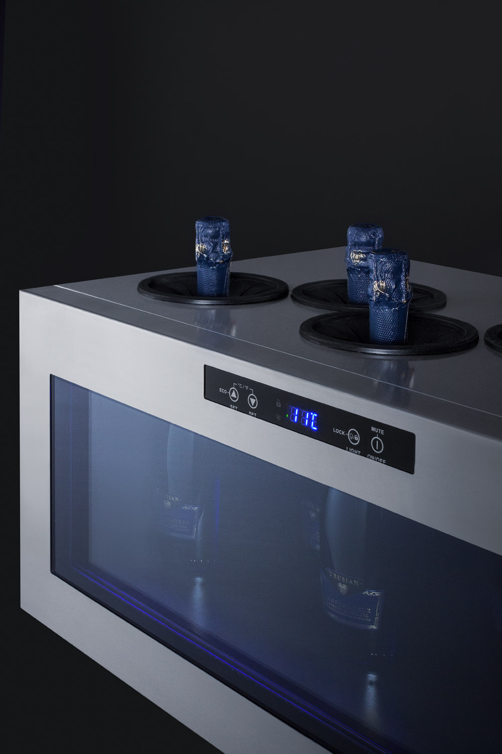 Commercially approved open bottle wine & champagne cooler in stainless steel with digital controls and compressor-cooled design for countertop use designed for the refrigeration and display of wine